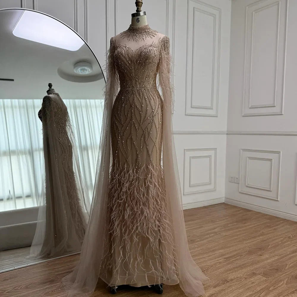 Luxury Nude Feather Beaded High Neck Formal Evening Dress for Women LA71885C