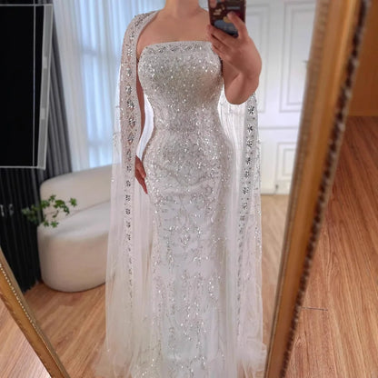 Luxury White Dubai Arabia Beading  Evening Dress With Cape LA72870