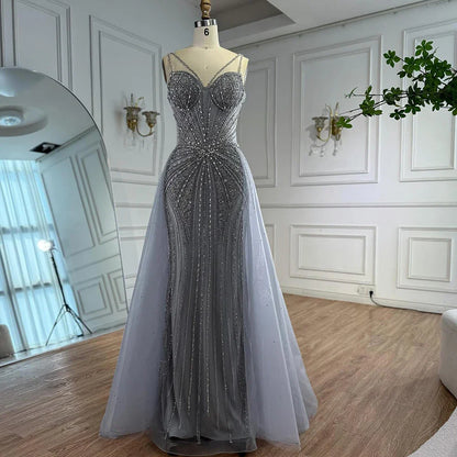 Luxury Nude Spaghetti Strap Mermaid Evening Dress with Overskirt Beaded LA73090A