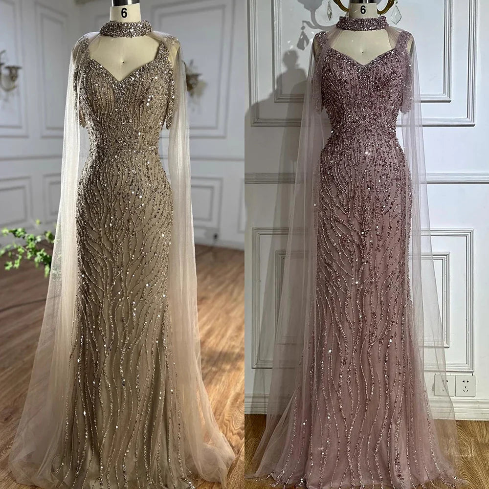 Pink Mermaid Luxury Beaded Evening Gown with Cape Sleeves LA72921