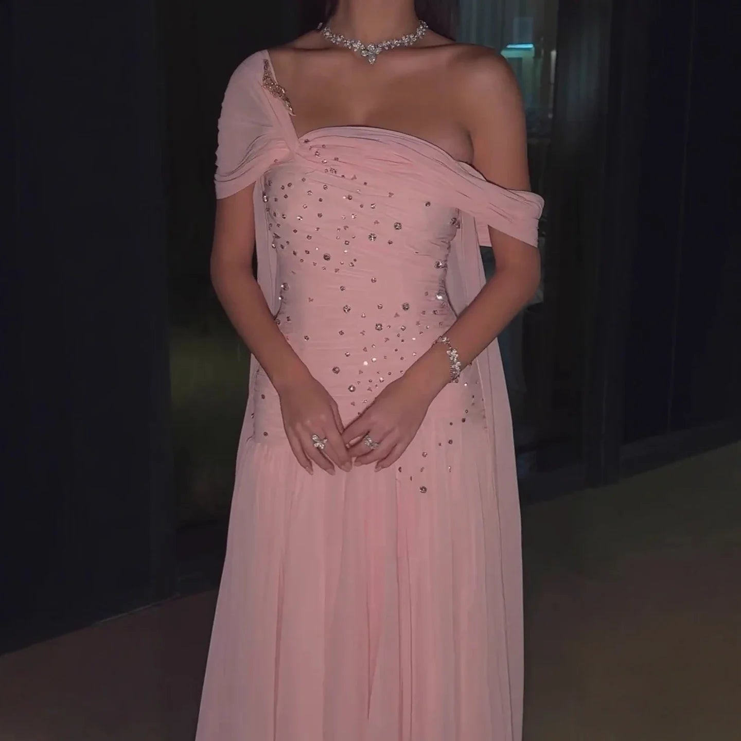 Luxury Pink Chiffon Beaded A-Line Evening Dress with Sheer Cape LA73347