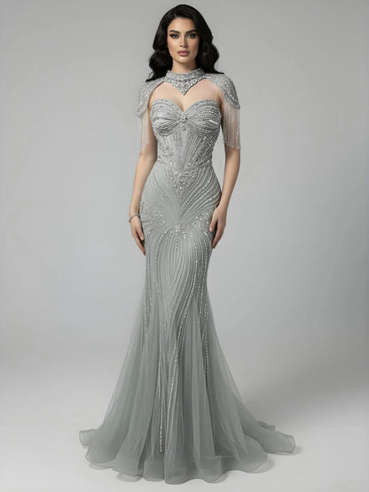 Luxury Nude Beaded High Neck Mermaid Evening Dress LA72897