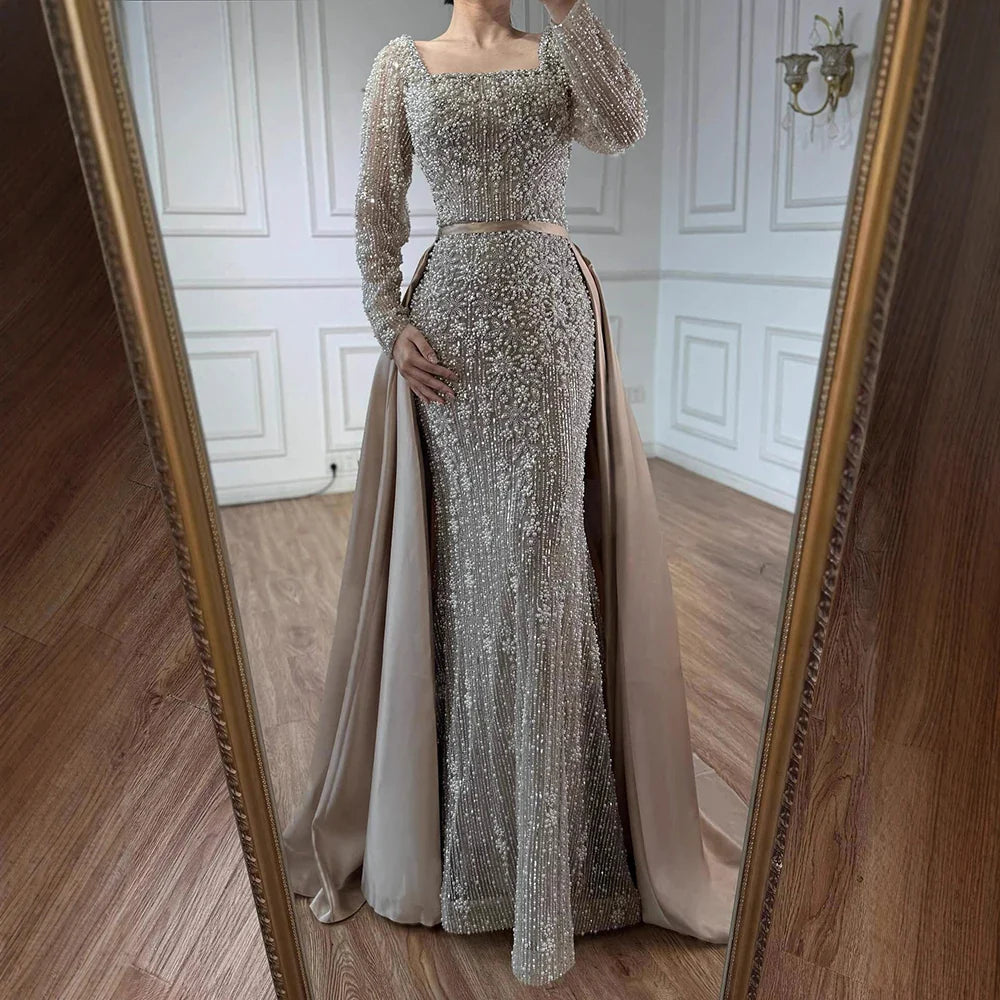 Luxury Arabic Turquoise Mermaid Beaded Evening Gown with Overskirt LA72533A