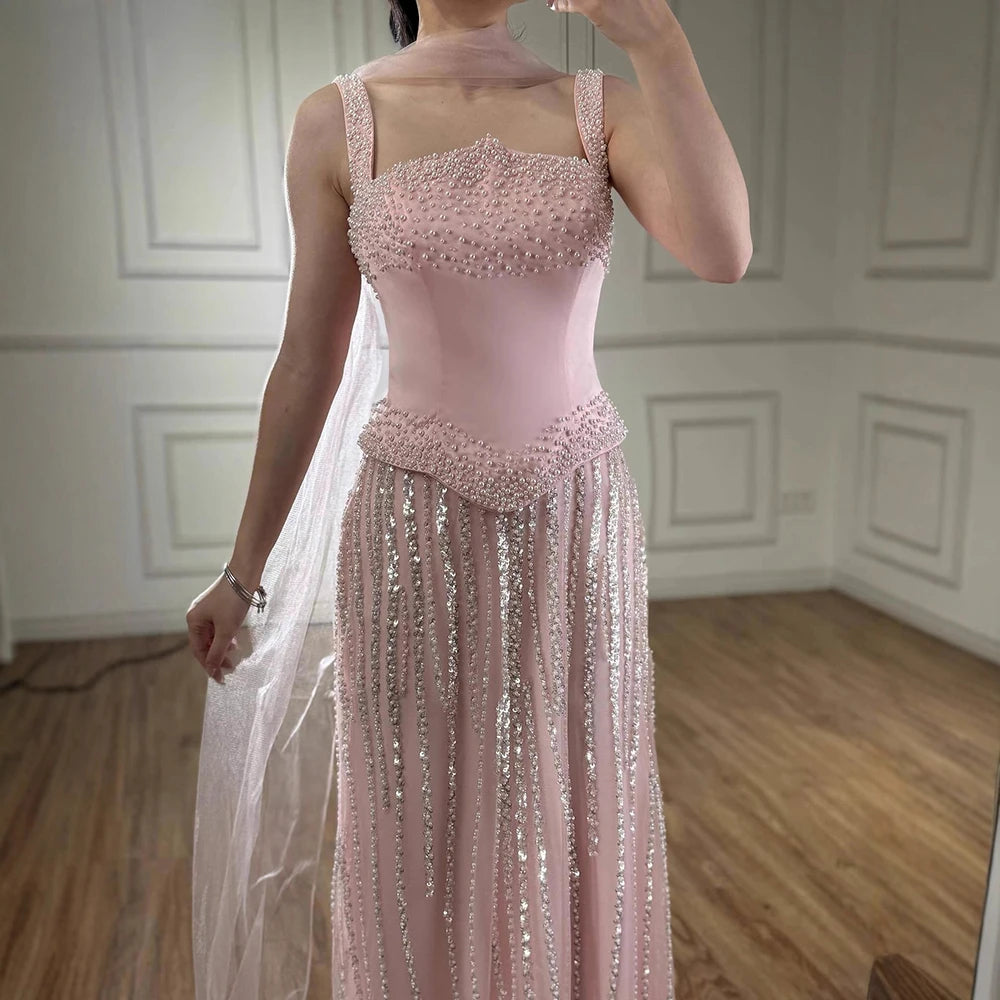 Glamorous Pink Strapless Mermaid Evening Dress with Pearls LA73070