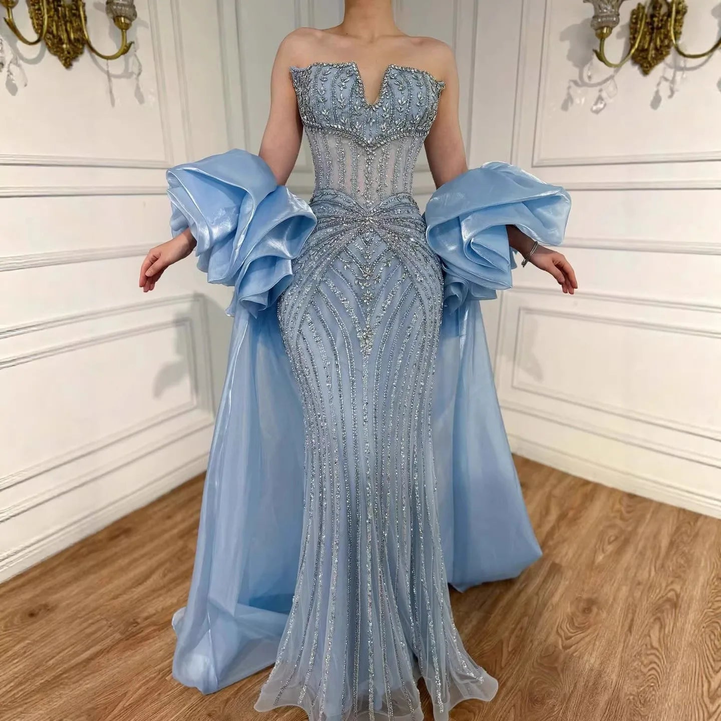 Luxury Light Blue Diamond Evening Dress With Ruffle Cape LA73141