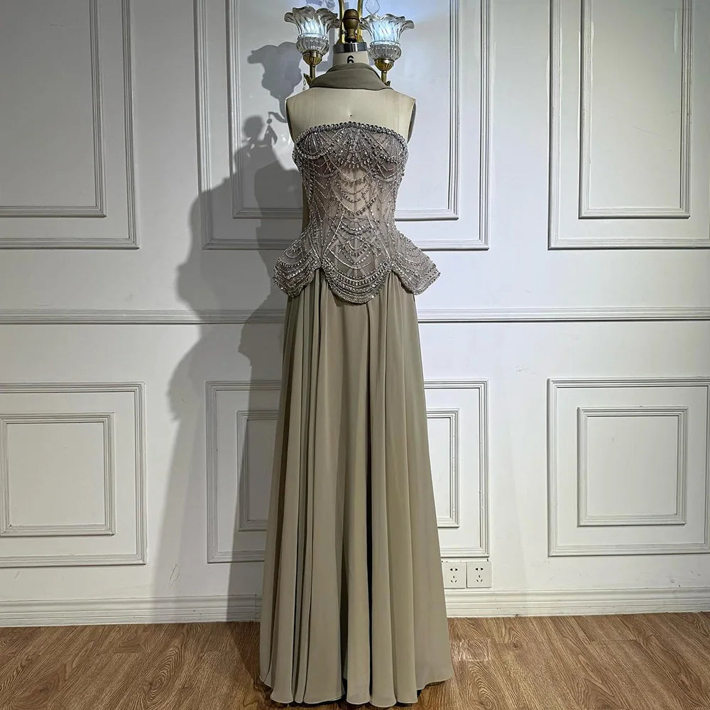 Luxury Designer Nude Beaded Chiffon Evening Dress Wedding LA72915