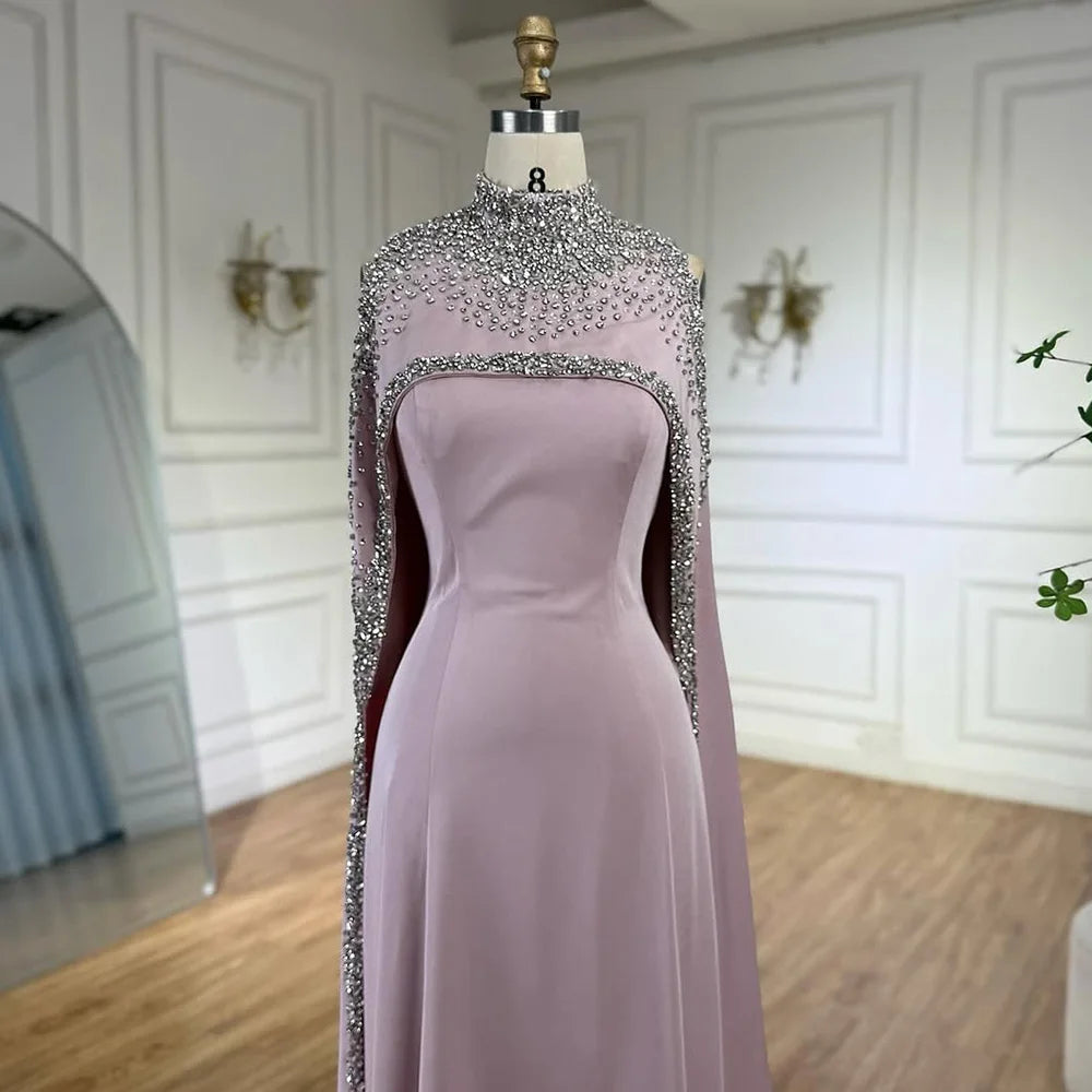 Elegant Blue High Neck Evening Dress with Crystals and Long Cape LA73068