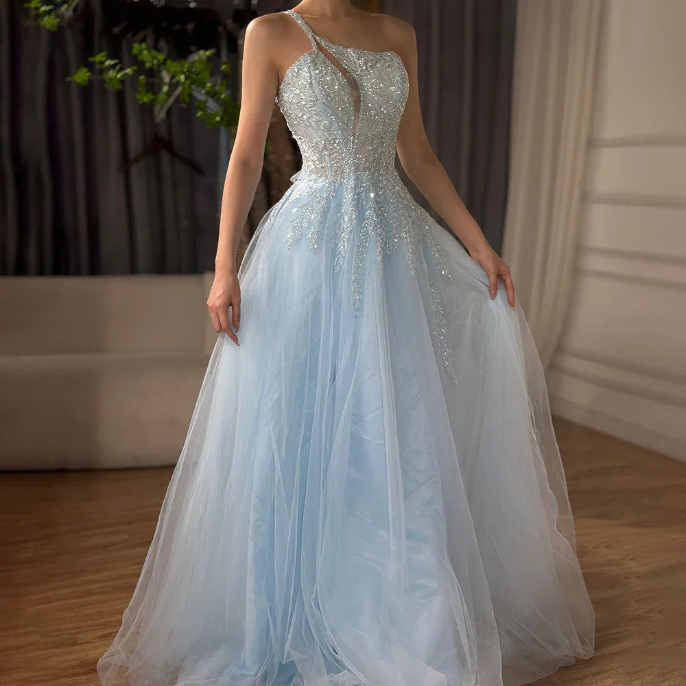 Serene Hill Arabic Blue Spaghetti Strap A Line One Shoulder Beaded Luxury Evening Dresses Gowns for Women's Party 2025 LA72589