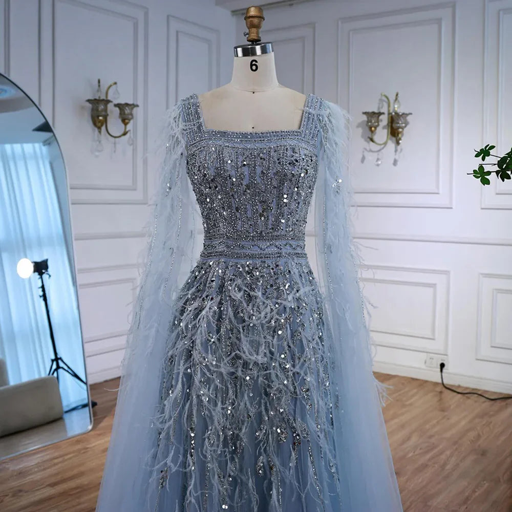 Elegant Blue Beaded Feather A-Line Evening Dress With Cape  LA73043