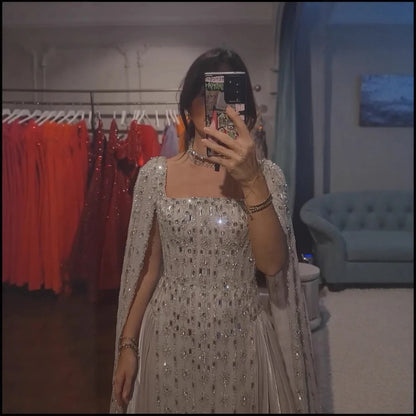 Luxury Nude Dubai Crystal Evening Dress with Cape LA73272