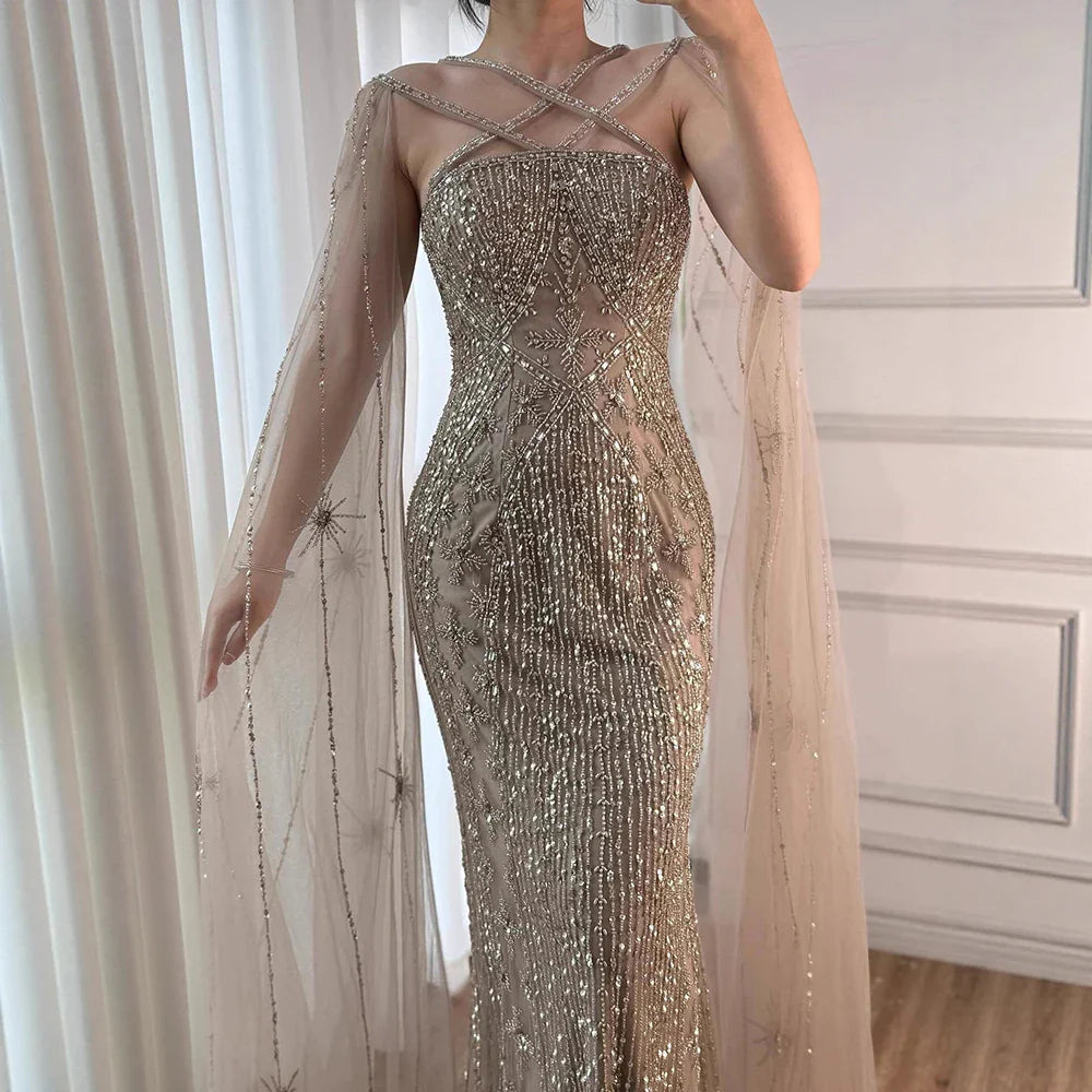 Caramel Cape Sleeves Beaded Mermaid Luxury Dubai Evening Dress LA71905B