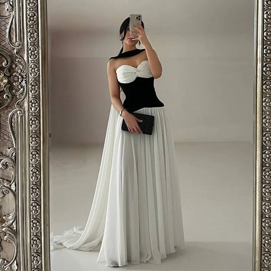 Chic Black and White Strapless A-Line Prom Dress LA73048