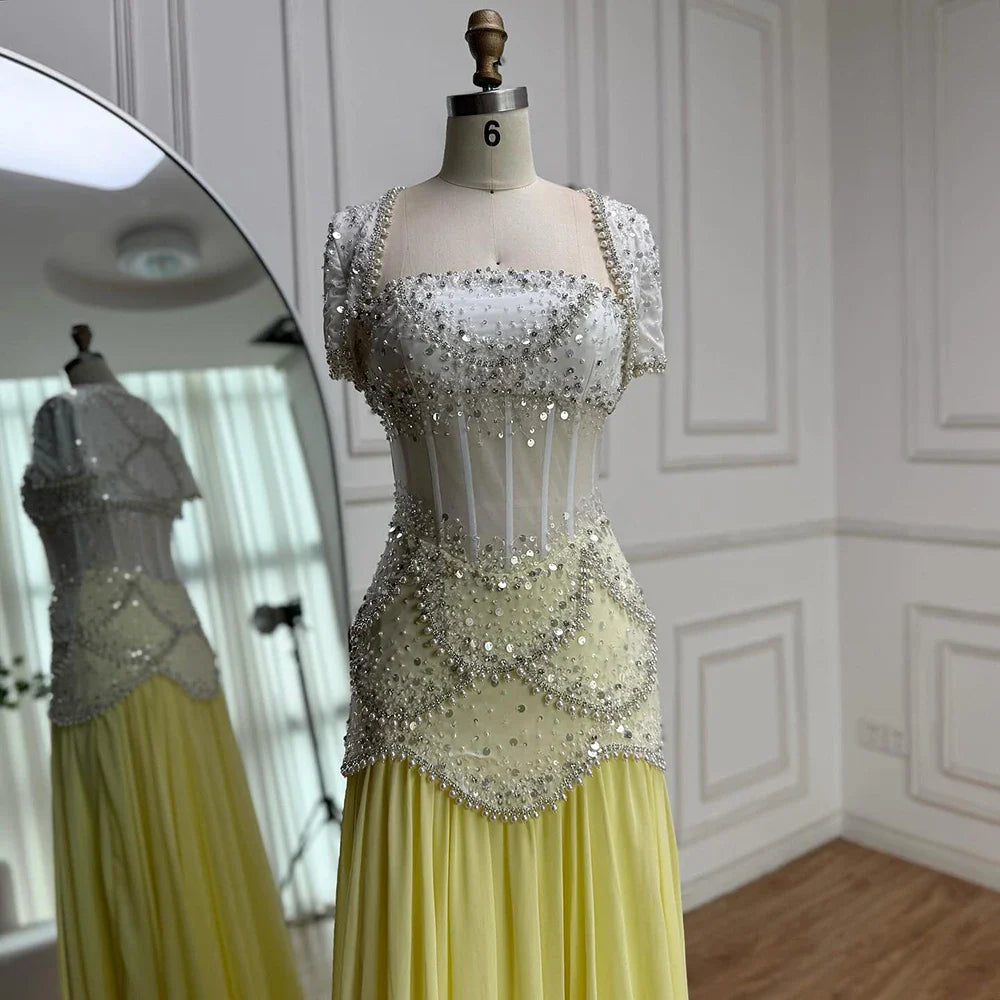 Luxury Yellow Pearls A-Line Evening Dress with Flowing Coat LA72978