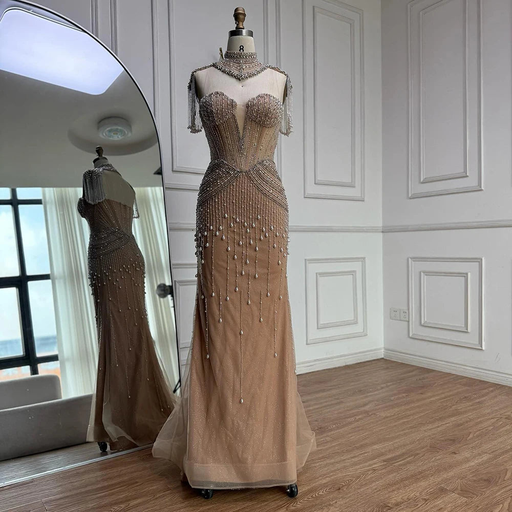 Luxury Nude Pearl Beaded Tassel Mermaid Evening Dress LA73183