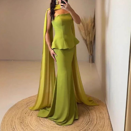 Luxury Olive Green Mermaid Evening Dress with Cape LA73165A