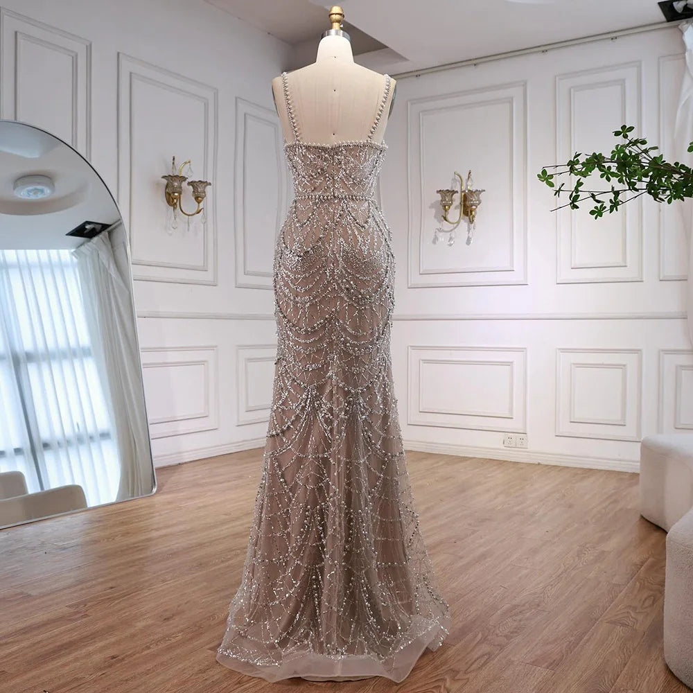 Nude Beaded Mermaid Evening Dress with Pearls LA72986A