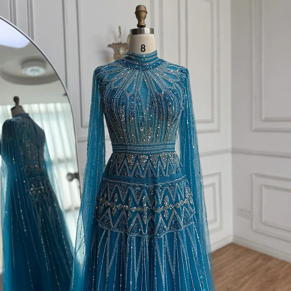 Luxury Arabic Blue Beaded Evening Dress with Cape Sleeves LA73187