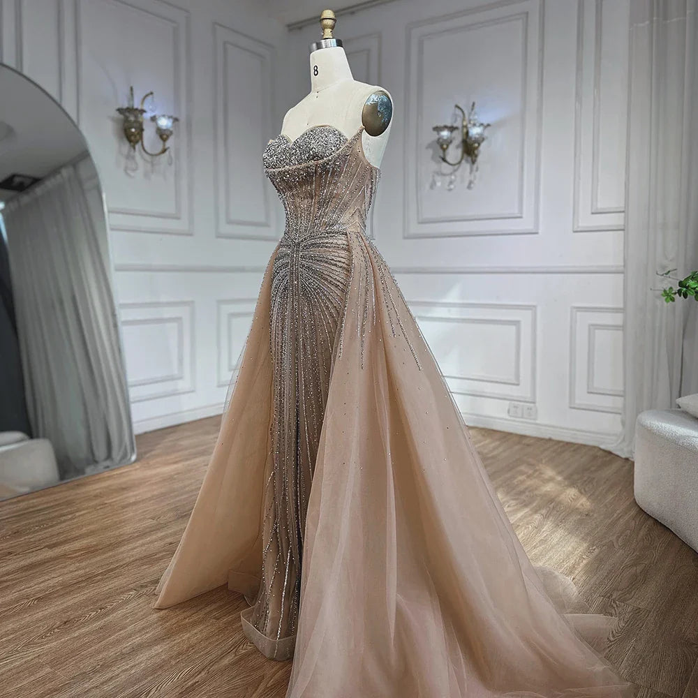 Luxury Dubai Nude Beaded Mermaid Evening Dress with Overskirt LA72811