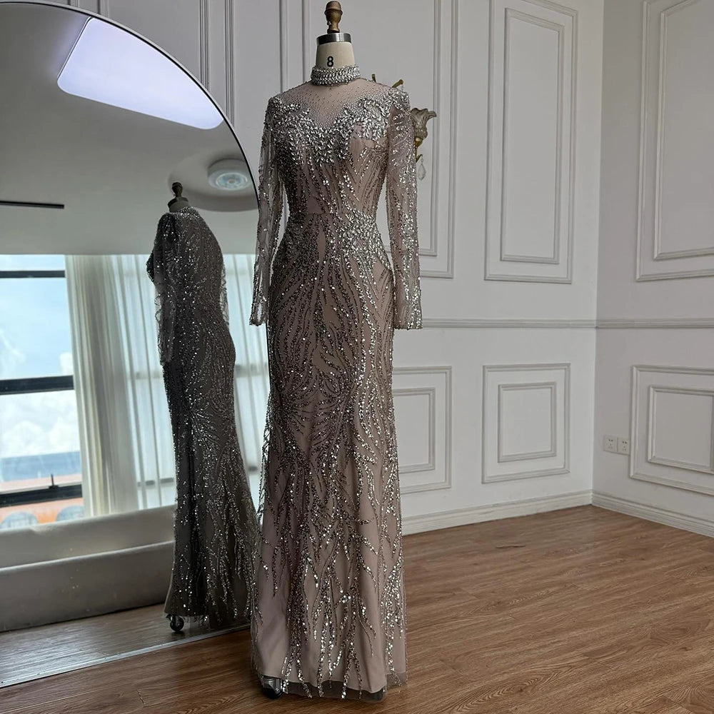 Luxury Silver Nude Beaded Mermaid Evening Dress LA73083