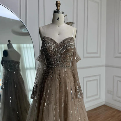 Luxury Caramel Crystal Beaded   Long Sleeve Mermaid Evening Dress LA73130