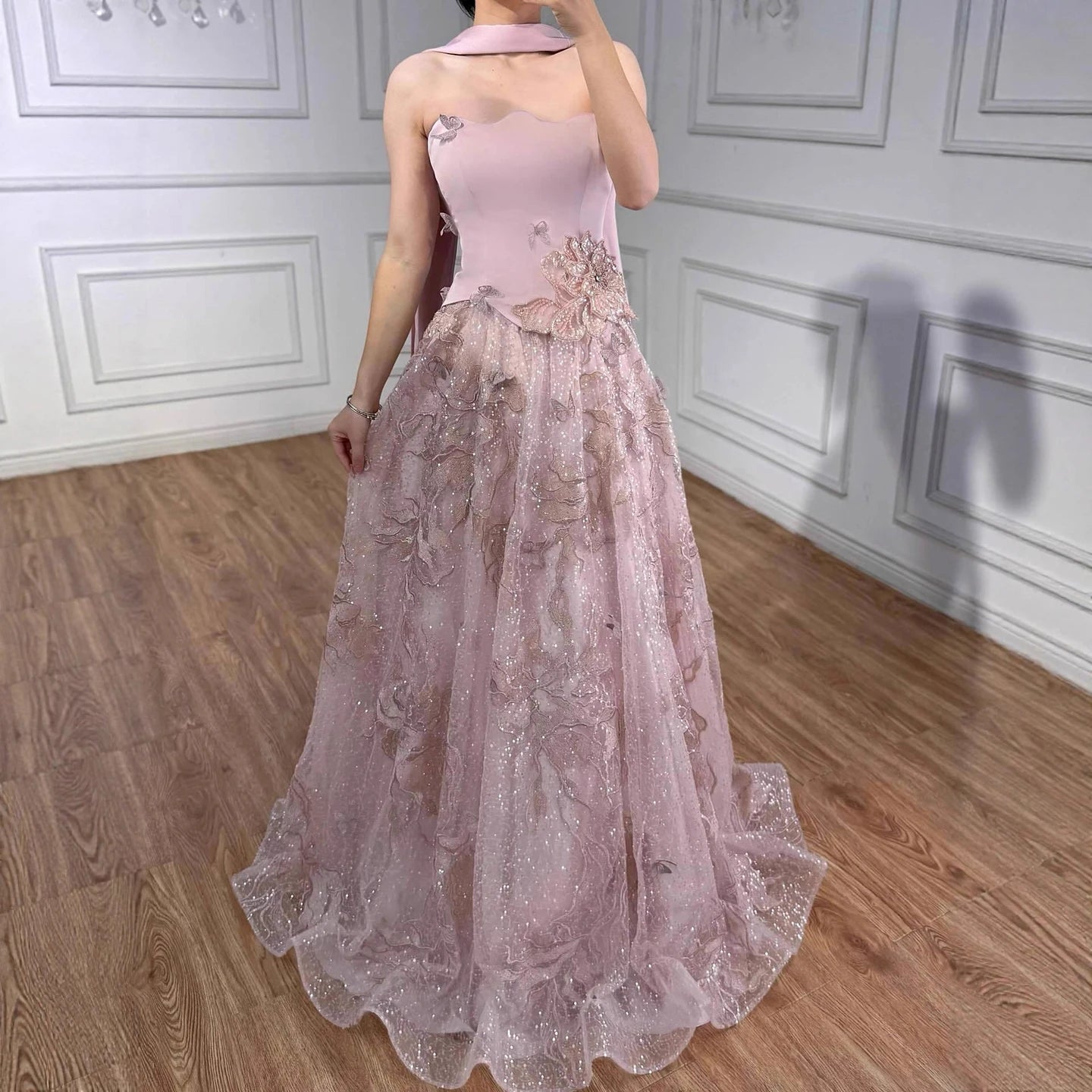 Luxury Pink Two Pieces A-Line Evening Dress with Cape LA73415