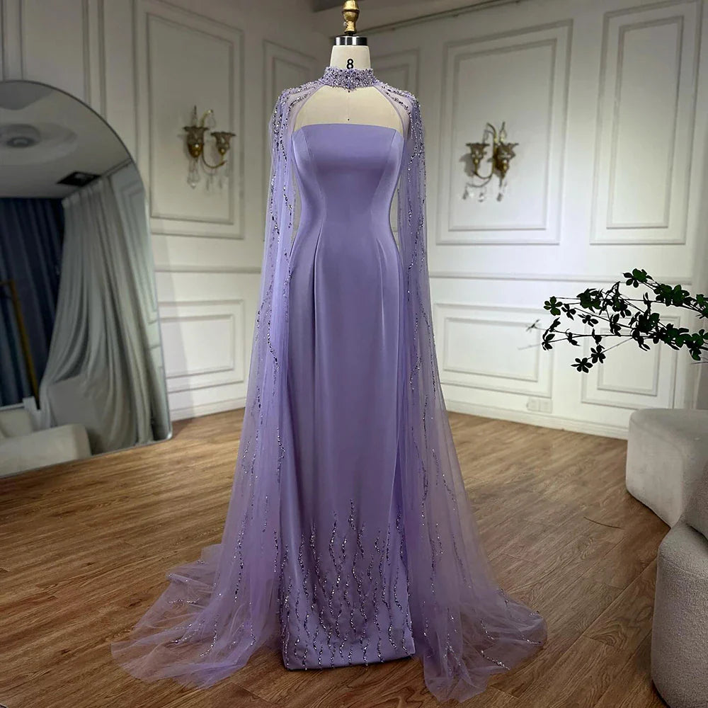 Lilac Elegant Evening Dresses with Luxury Beaded Long Cape Gown for Party LA72828