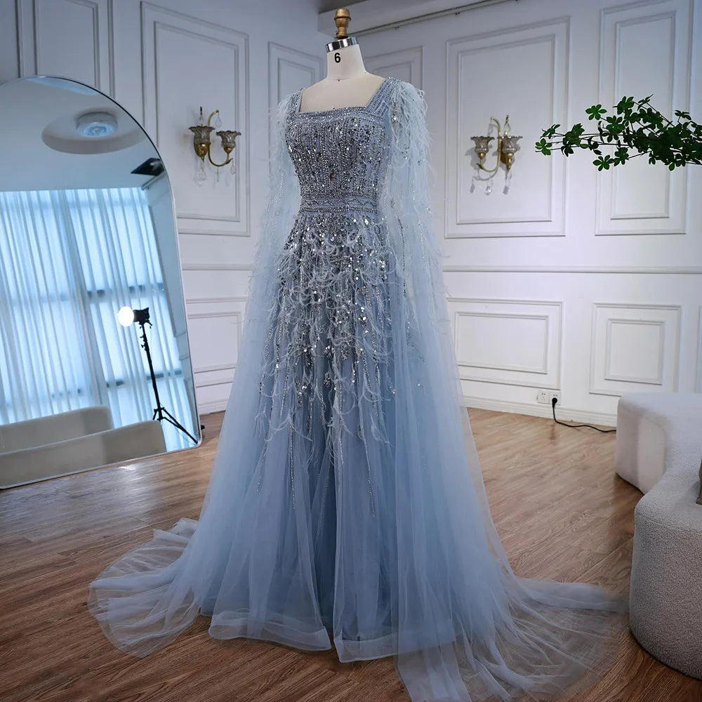 Elegant Blue Beaded Feather A-Line Evening Dress With Cape  LA73043