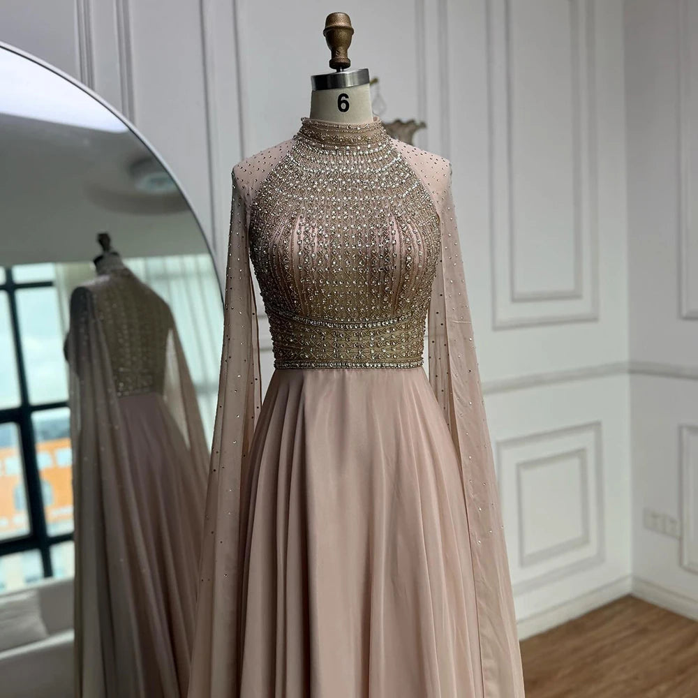 Luxury Caramel Chiffon Beaded Evening Dress with Cape LA73144