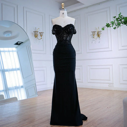 Classy Black Off-Shoulder Lace Prom Dress LA72999