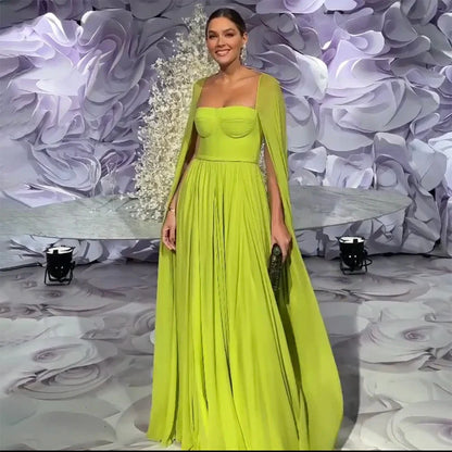 Saudi Arabic Lemon Yellow Dubai Evening Dresses with Cape LA71988