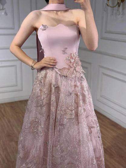 Luxury Pink Two Pieces A-Line Evening Dress with Cape LA73415