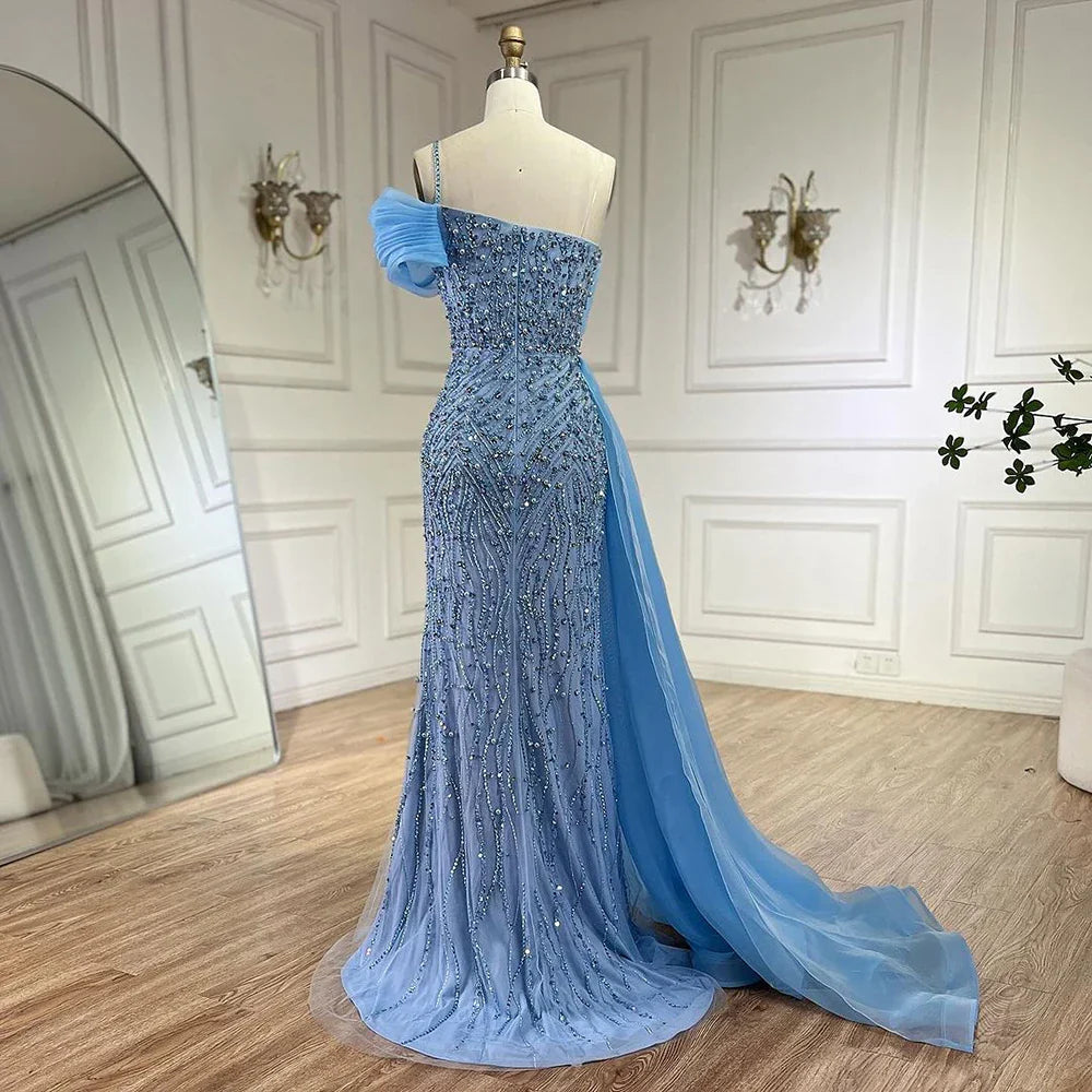 Luxury One Shoulder Blue Evening Dress with Overskirt LA72244A