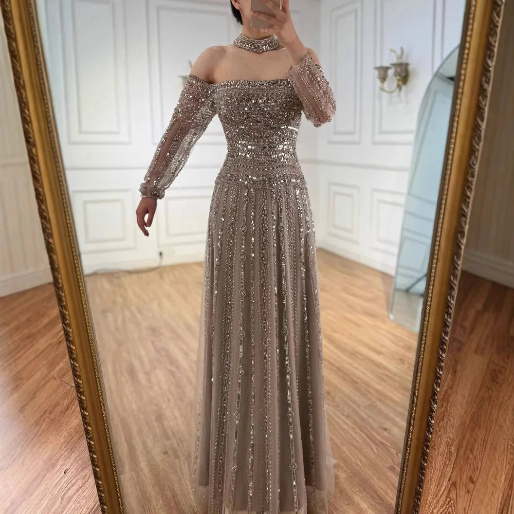 Caramel Off Shoulder Beaded Mermaid Evening Dress Long Sleeves LA73053