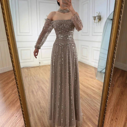 Caramel Off Shoulder Beaded Mermaid Evening Dress Long Sleeves LA73053