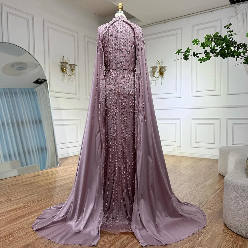 Luxury Blue Muslim Mermaid Beaded Evening Gowns with Cape Sleeves LA72533