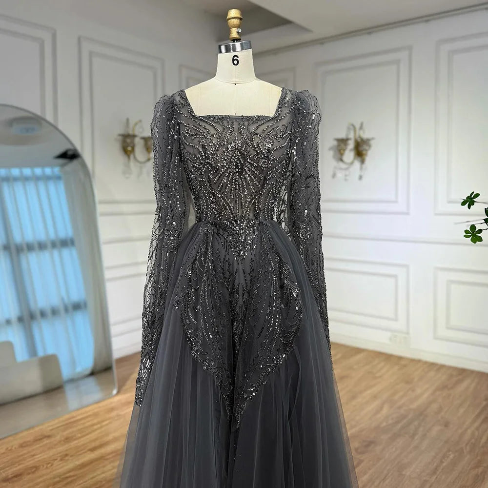 Luxury Gray A Line Beaded Evening Dress for Women LA73088