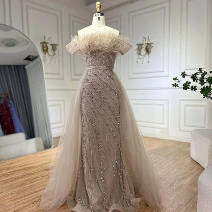 Luxury Dubai Saudi Arabic Beaded Caramel Mermaid Elegant Evening Dresses Gowns with Overskirt LA71634A