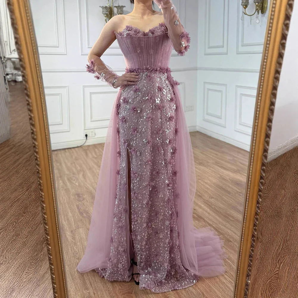 Elegant Pink 3D Floral High Slit Evening Gown with Gloves Overskirt LA72937