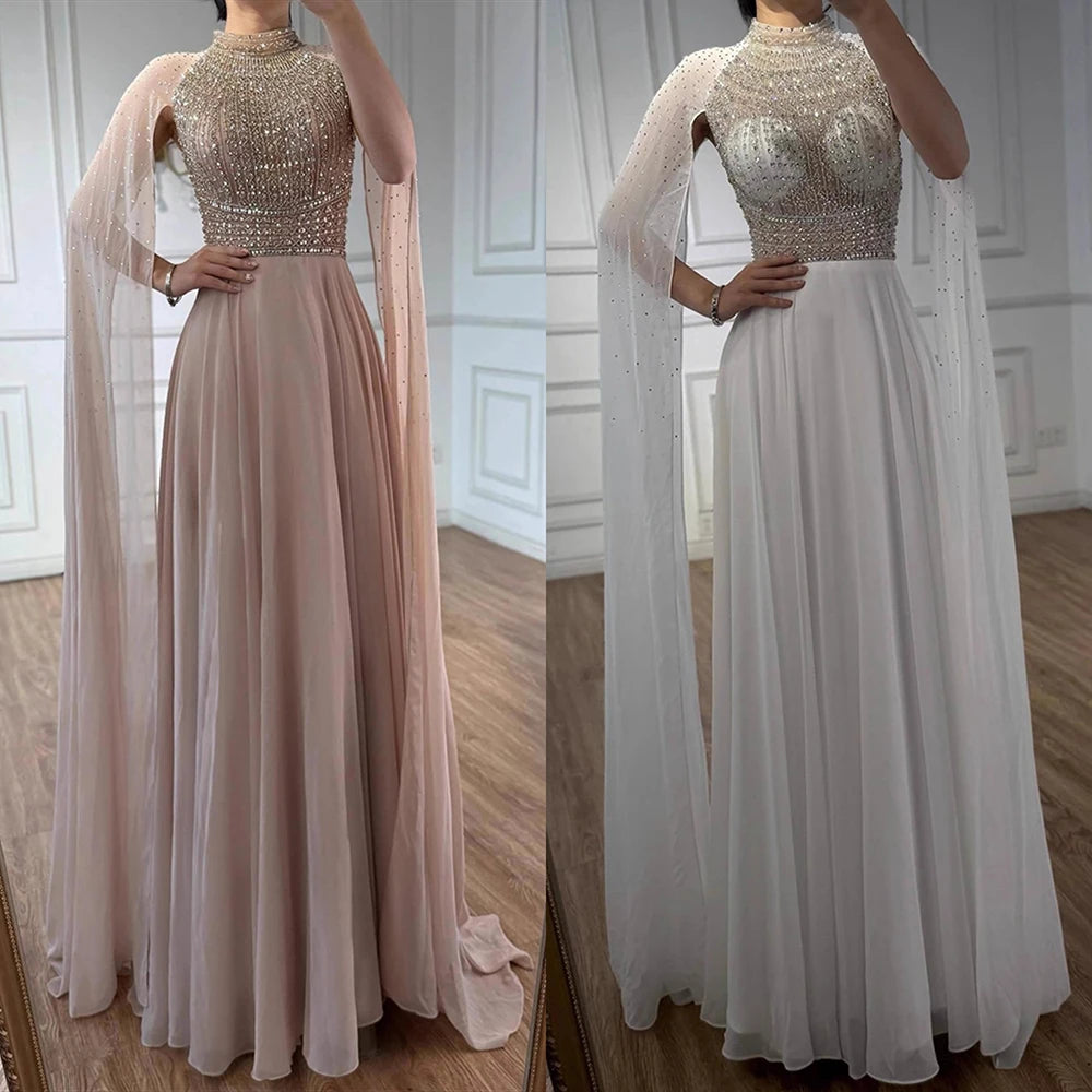 Luxury Caramel Chiffon Beaded Evening Dress with Cape LA73144