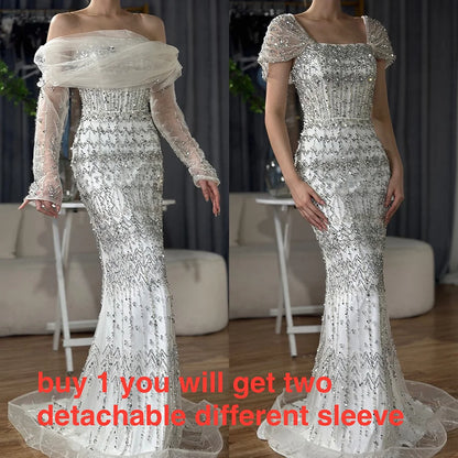 Luxury White Mermaid Square Neck Short Sleeves Evening Dresses LA72714
