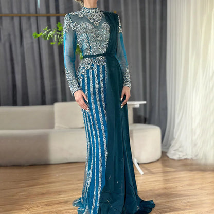 Serene Hill  Luxury Muslim Gray Luxury Long Elegant with Detachable Train Mermaid Evening Gowns Dresses  For Woman LA70199