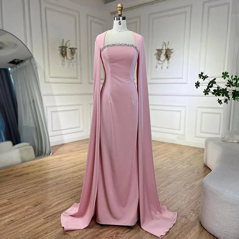 Elegant Blue Mermaid Evening Dress with Cape Sleeves LA72200