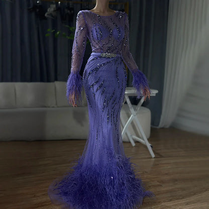 Serene Hill Elegant Mermaid Evening Dress Arabic Purple Beaded Feathers | Luxury Gown for Women's Wedding Party  LA72367