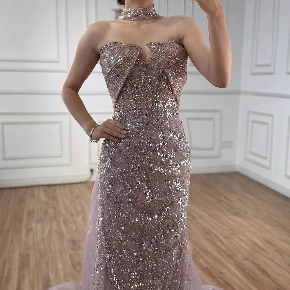 Luxury Gray Beaded Evening Dress with Long Cape LA73159