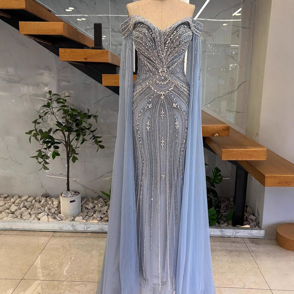 Luxury Blue Beaded Cape Sleeve Saudi Arabic Evening Dress LA73151