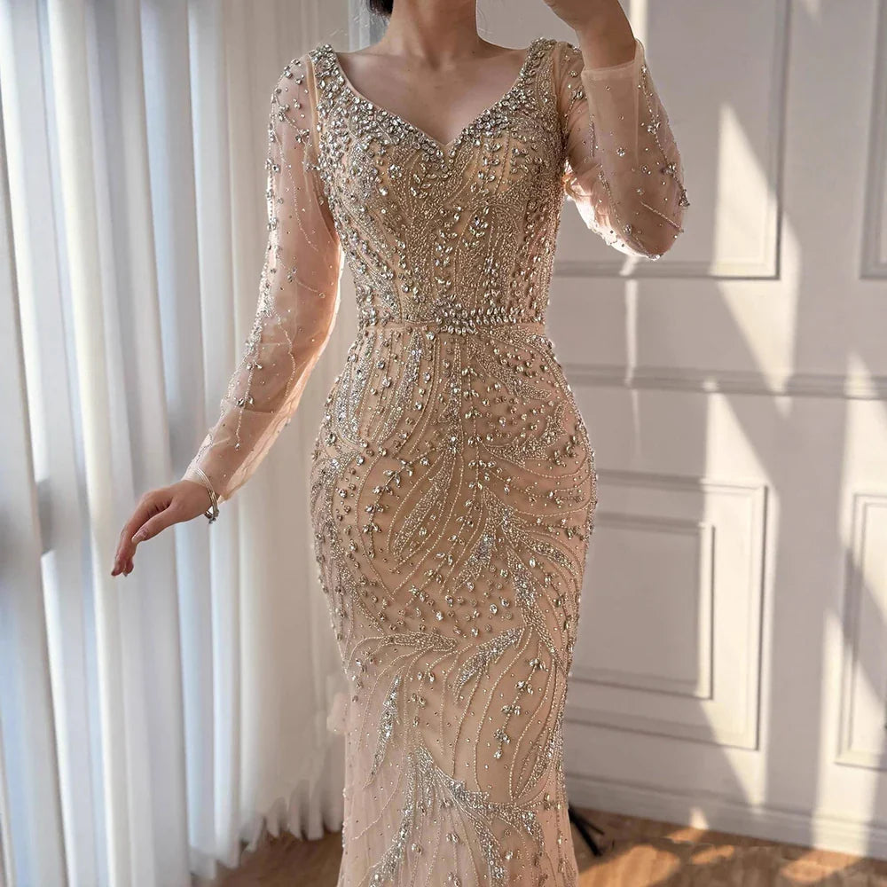 Luxury Muslim Nude Arabic Mermaid Beaded Evening Dress LA73191