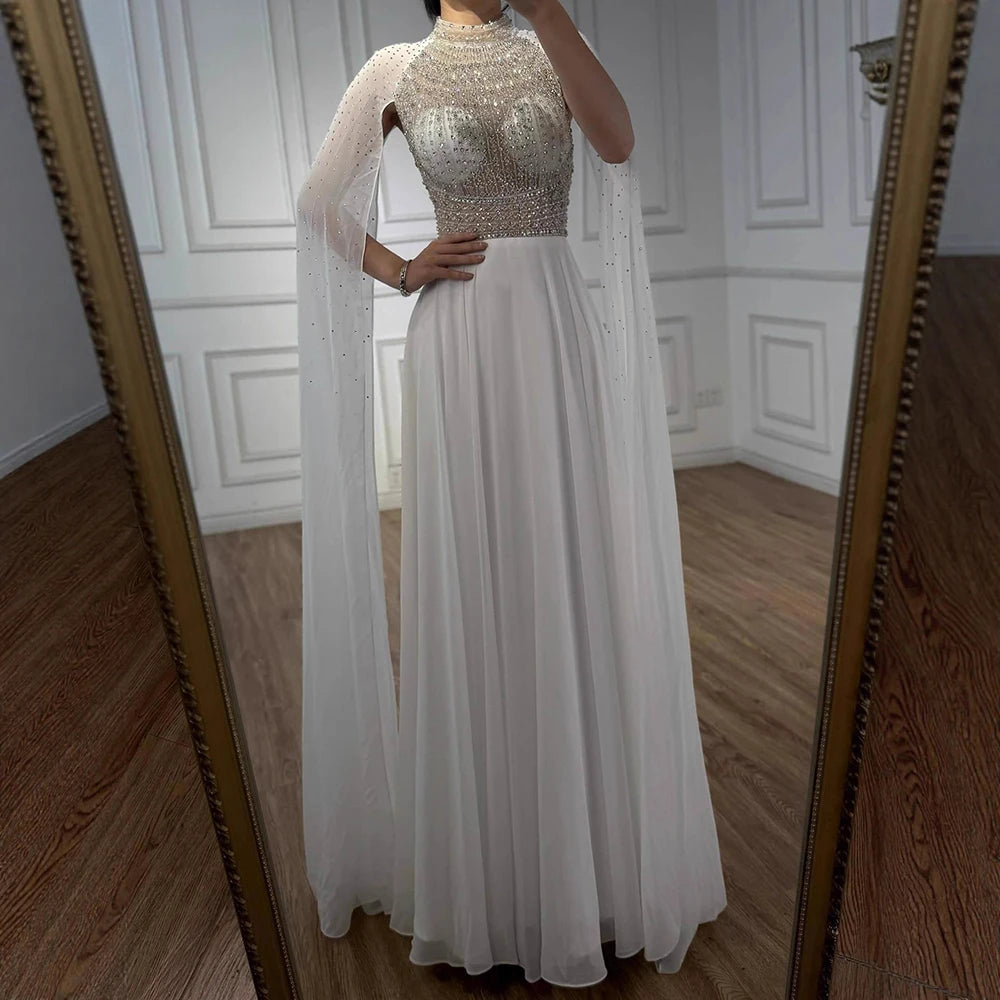 Luxury Caramel Chiffon Beaded Evening Dress with Cape LA73144
