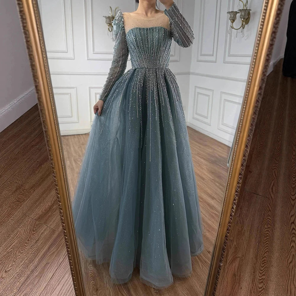 Luxury Arabic Turquoise A-Line Beaded Evening Dress LA72991A
