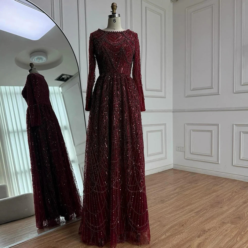 Luxury Olive Green Beaded A-Line Evening Dress Long Sleeves LA72738B