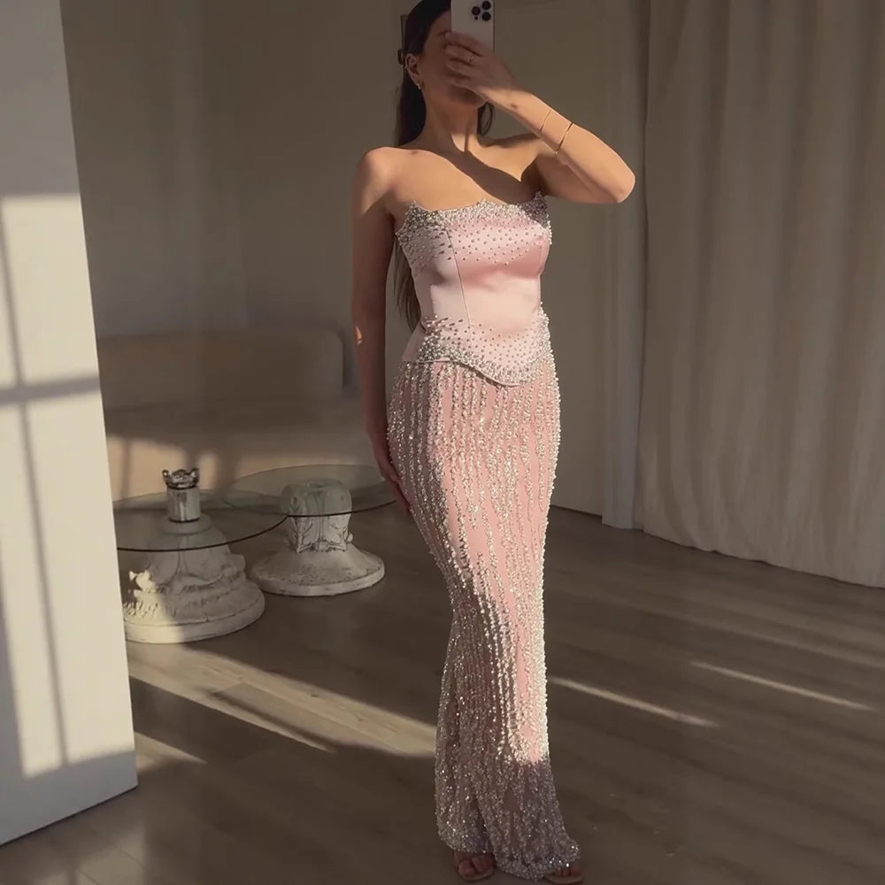 Glamorous Pink Strapless Mermaid Evening Dress with Pearls LA73070